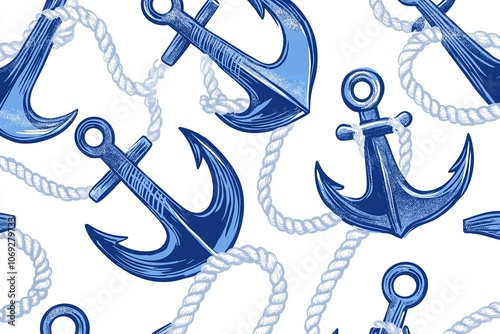 Classic blue and white anchors and ropes pattern featuring vintage maritime symbols for nautical decor