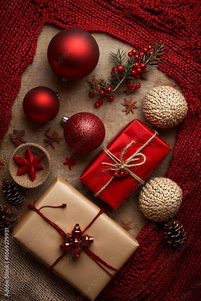 Top view a festive scene with handmade gifts and red decorations, celebrating New Year and Christmas. Top view a festive scene with handmade gifts and red decorations, celebrating New Year and Christmas.
