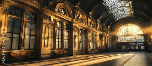 Golden hour light illuminates the interior of an old train station.