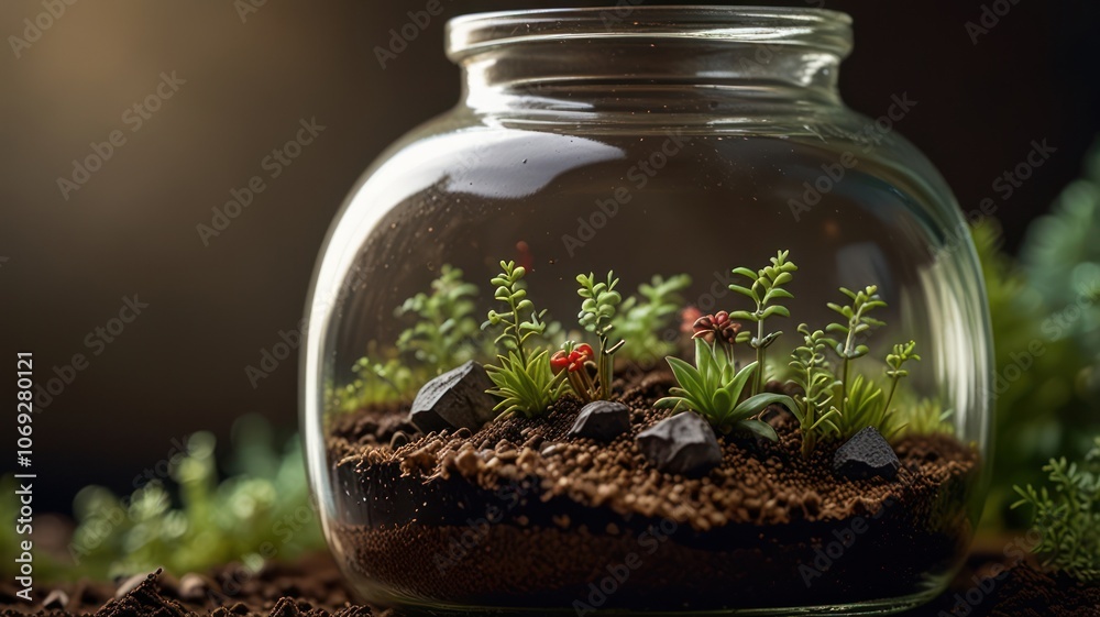a miniature succulent garden enclosed in a glass jar. The jar, filled with a variety of succulent plants and a layer of soil, creates a self-contained ecosystem.
