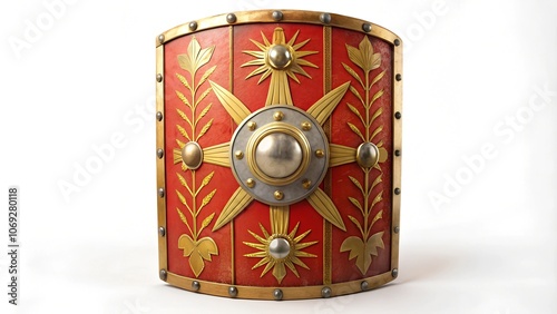 Large Roman legionary shield decorated with symbols, on a white background.