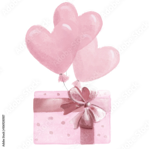 Pink balloons flying near a pink gift box with a big bow, birthday animation, for social media, cute pink design