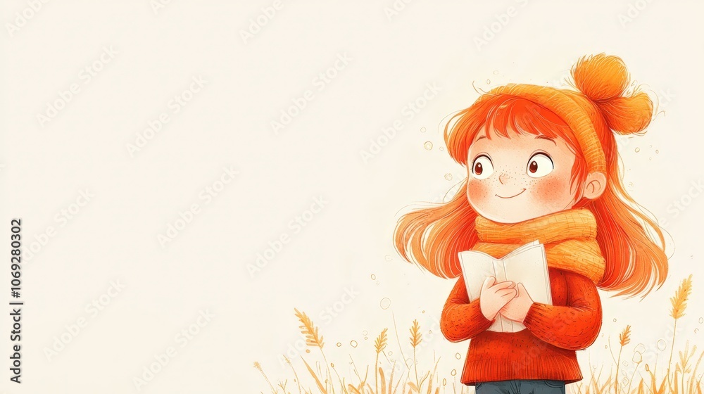 A cheerful girl with orange hair, wearing a cozy winter outfit, stands in a field of wheat, smiling while holding a book. A cheerful girl with orange hair, wearing a cozy winter outfit, stands in a field of wheat, smiling while holding a book.