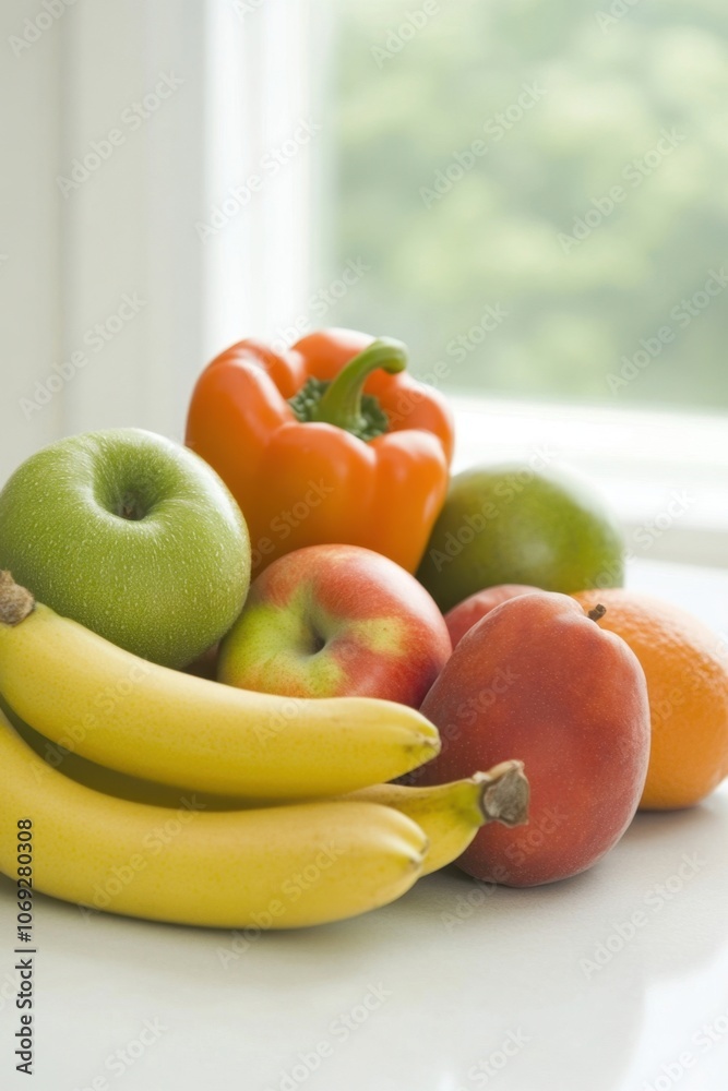 Assortment of fresh fruits and vegetables on a windowsill Assortment of fresh fruits and vegetables on a windowsill