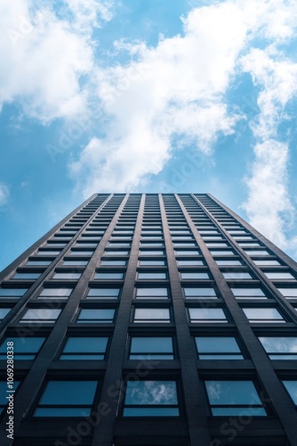 modern skyscraper against blue sky with clouds