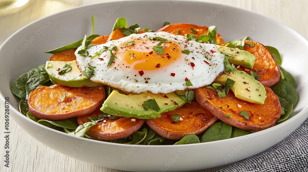 A vibrant breakfast with a poached egg on roasted sweet potato, creamy avocado, and sautéed spinach for a colorful presentation A vibrant breakfast with a poached egg on roasted sweet potato, creamy avocado, and sautéed spinach for a colorful presentation
