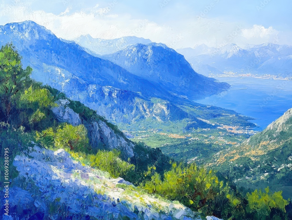 Obraz premium A scenic view of a valley with mountains and a body of water in the distance.