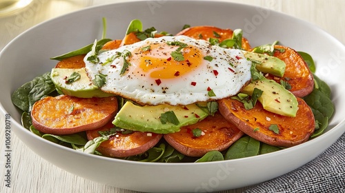 A vibrant breakfast with a poached egg on roasted sweet potato, creamy avocado, and sautéed spinach for a colorful presentation