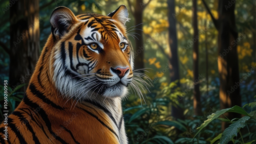 Fototapeta premium a tiger, its piercing eyes and powerful build capturing the essence of a true predator. The tiger's vibrant orange and black stripes stand out against the lush green foliage of the forest.
