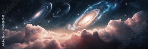 Dreamlike cosmic scene with softly blended galaxy clouds, faint stardust swirls, clusters of small stars,Universe science astronomy,Supernova background wallpaper