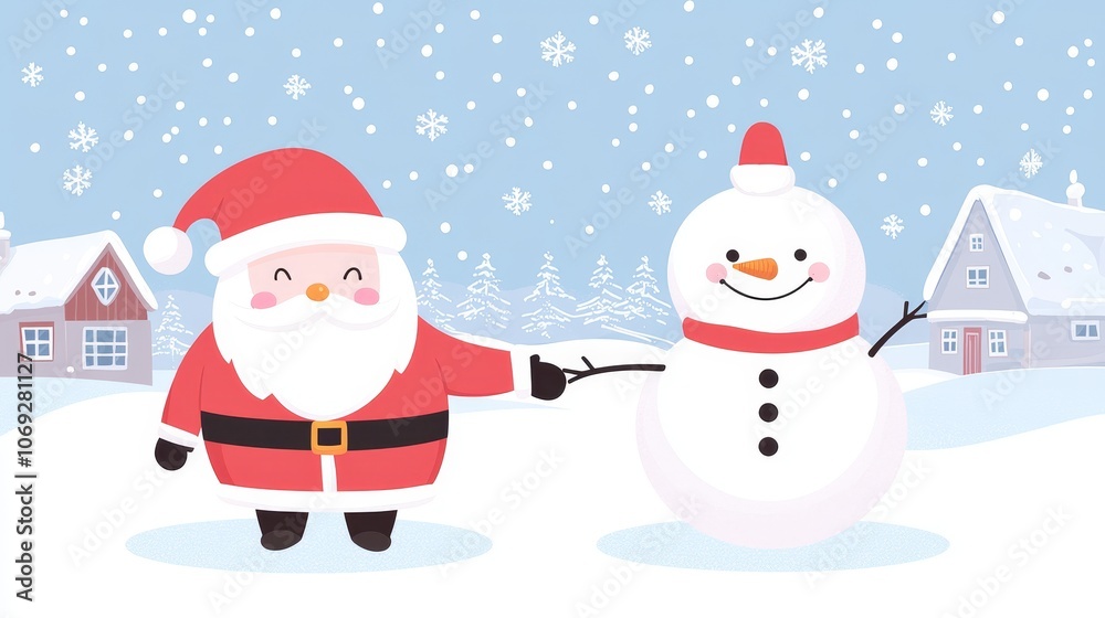 Chubby santa and a snowman joyfully walk hand in hand through a winter wonderland Chubby santa and a snowman joyfully walk hand in hand through a winter wonderland