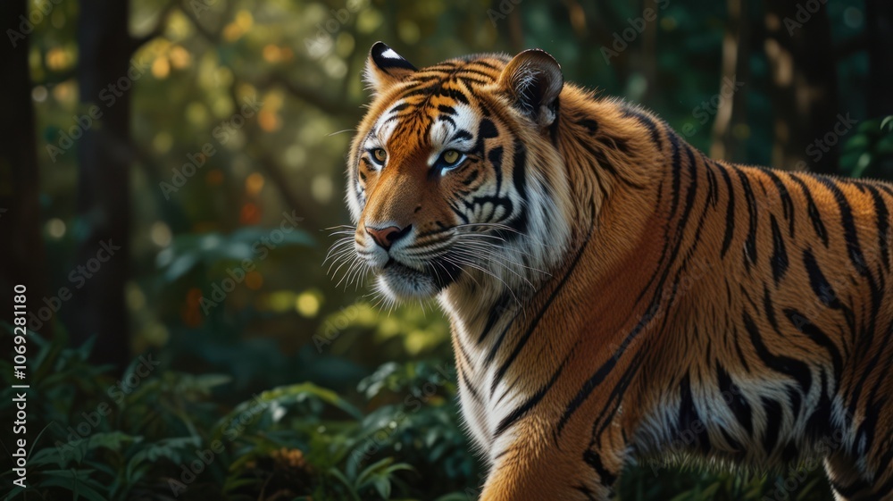 a tiger, its piercing eyes and powerful build capturing the essence of a true predator. The tiger's vibrant orange and black stripes stand out against the lush green foliage of the forest. a tiger, its piercing eyes and powerful build capturing the essence of a true predator. The tiger's vibrant orange and black stripes stand out against the lush green foliage of the forest.
