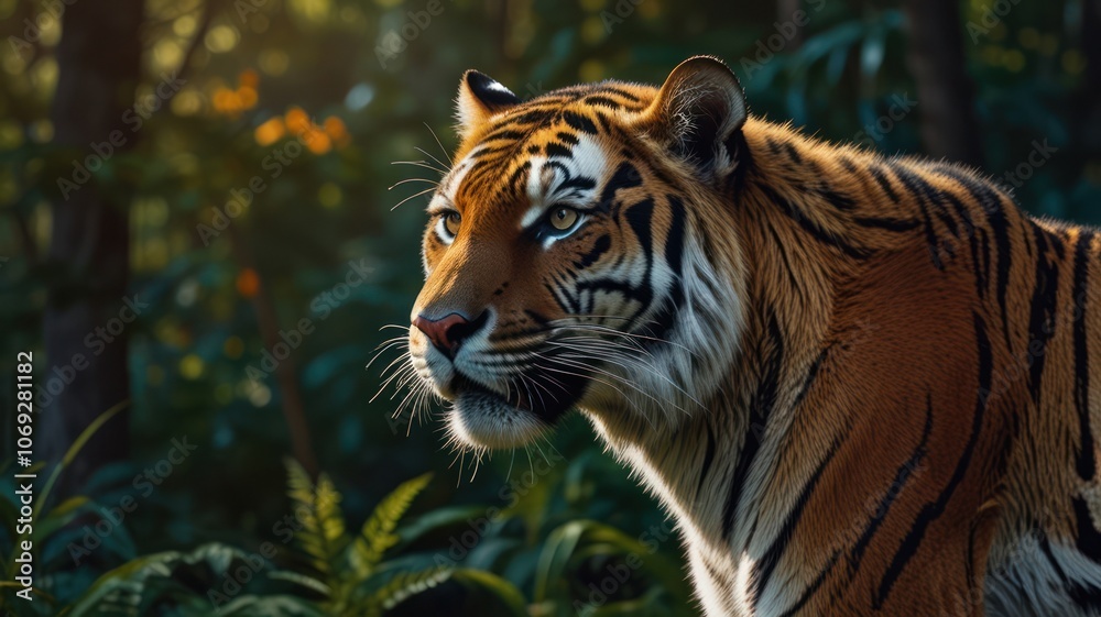 Fototapeta premium a tiger, its piercing eyes and powerful build capturing the essence of a true predator. The tiger's vibrant orange and black stripes stand out against the lush green foliage of the forest.