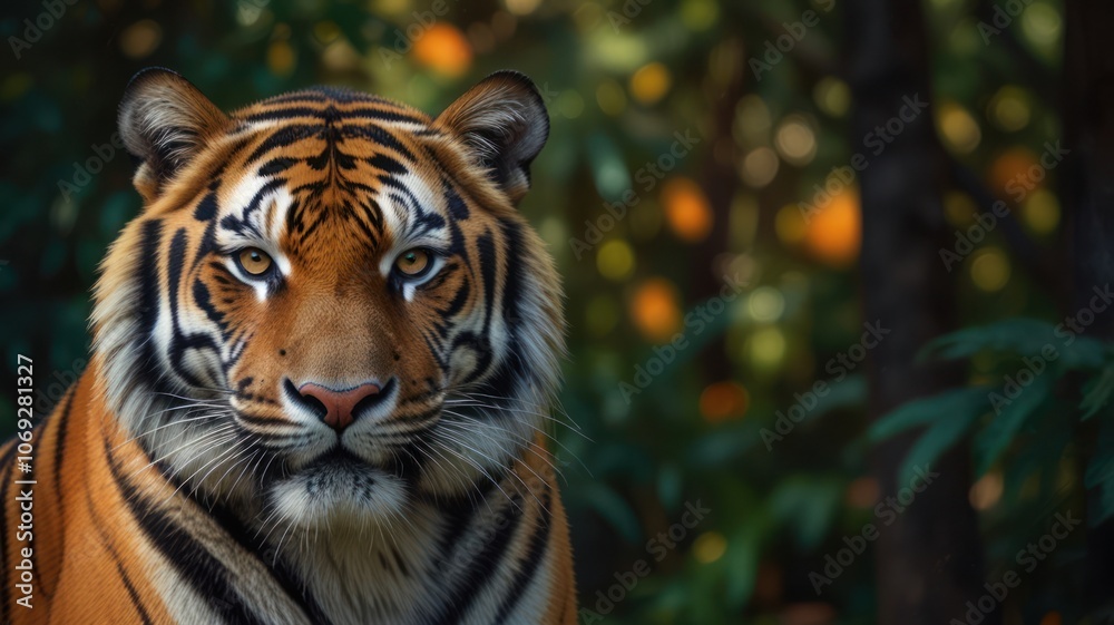 a tiger, its piercing eyes and powerful build capturing the essence of a true predator. The tiger's vibrant orange and black stripes stand out against the lush green foliage of the forest. a tiger, its piercing eyes and powerful build capturing the essence of a true predator. The tiger's vibrant orange and black stripes stand out against the lush green foliage of the forest.