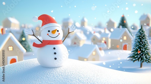 Chubby snowman waving joyfully from a snowy hill in a charming christmas village scene