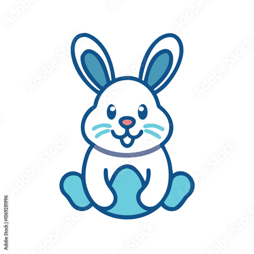 Cute Sitting Cartoon Bunny with Blue Details, Adorable cartoon bunny illustration with blue accents, sitting upright and smiling. Ideal for Easter, children’s themes, or animal designs.
