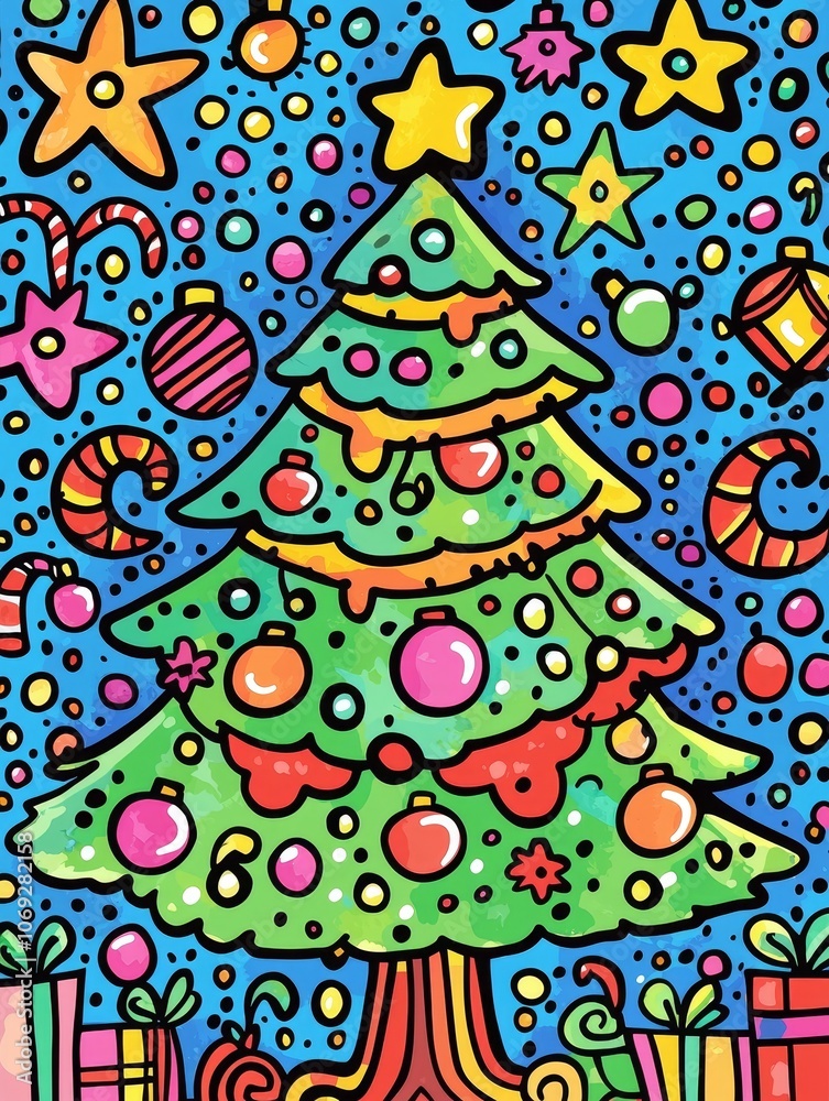 Naklejka premium Create a joyful doodle hand-drawn christmas background featuring a colorful christmas tree