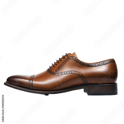 A pair of brown leather oxford shoes with brogue detailing.