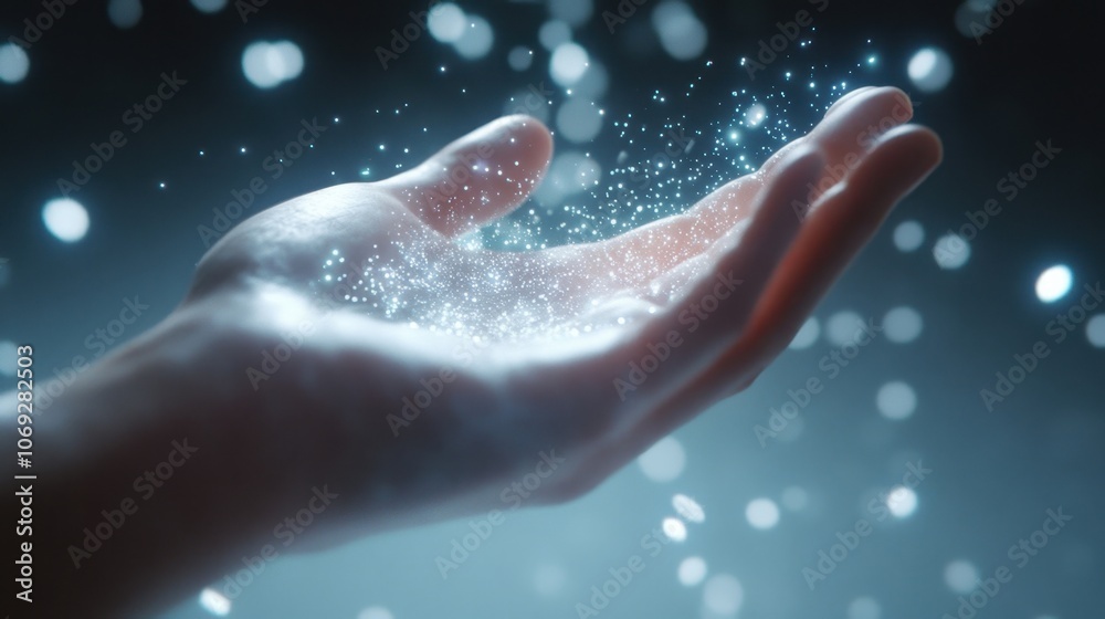 Magical sparkling hand with glowing particles Magical sparkling hand with glowing particles