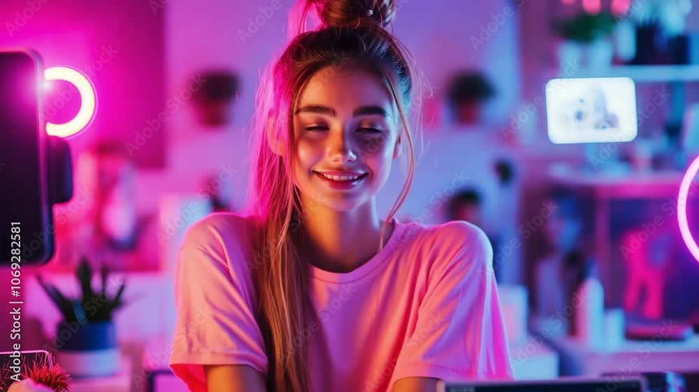 Happy young woman smiling in a vibrant, neon-lit room, content creator studio. Happy young woman smiling in a vibrant, neon-lit room, content creator studio.