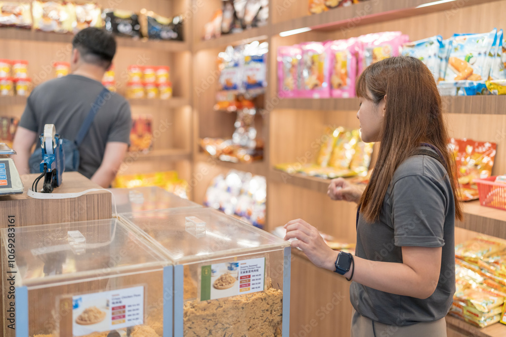 Chinese Malaysian couple in their 30s shopping and chatting at a dried meat shop in Kuala Lumpur, Malaysia. Chinese Malaysian couple in their 30s shopping and chatting at a dried meat shop in Kuala Lumpur, Malaysia.