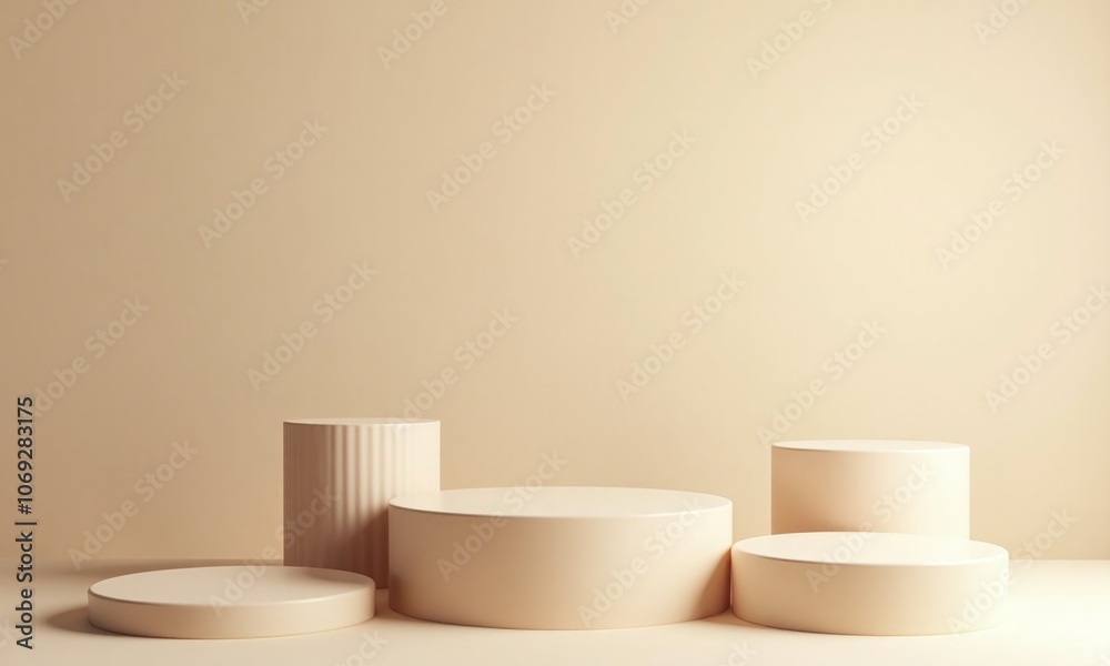 Minimalist empty product podium display Ribbed cylindrical pedestals Minimalist empty product podium display Ribbed cylindrical pedestals