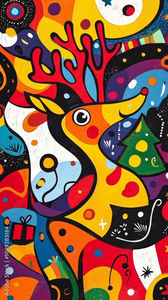 Create a playful doodle handdrawn christmas background featuring a colorful reindeer for festive cheer Create a playful doodle handdrawn christmas background featuring a colorful reindeer for festive cheer