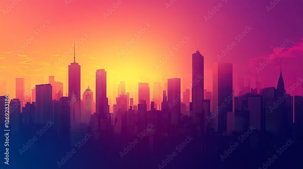 Majestic view of a city's silhouette softened by a radiant pink sunset, symbolizing tranquility and modernity. Highlights elements of urban beauty and optimism. Majestic view of a city's silhouette softened by a radiant pink sunset, symbolizing tranquility and modernity. Highlights elements of urban beauty and optimism.