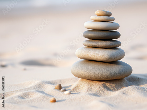 Stacked stones on sandy beach create a tranquil centerpiece under soft sunlight during low tide early morning photo