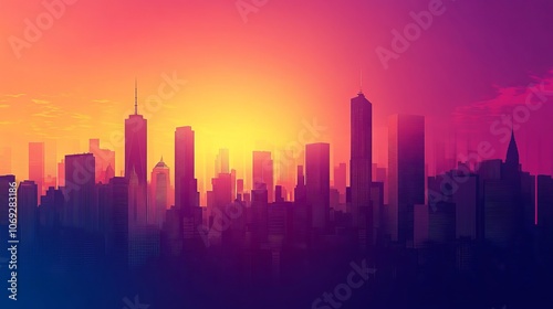 Majestic view of a city's silhouette softened by a radiant pink sunset, symbolizing tranquility and modernity. Highlights elements of urban beauty and optimism.