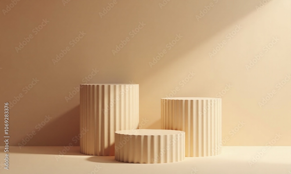 Minimalist empty product podium display Ribbed cylindrical pedestals Minimalist empty product podium display Ribbed cylindrical pedestals