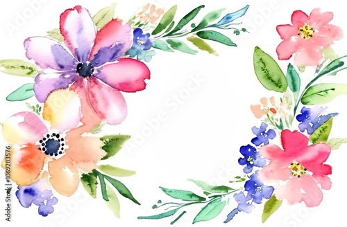 Watercolor flowers for postcard template, decorative wreath of leaves. Watercolour composition for wedding invitation. Space for text in the middle. Romantic style