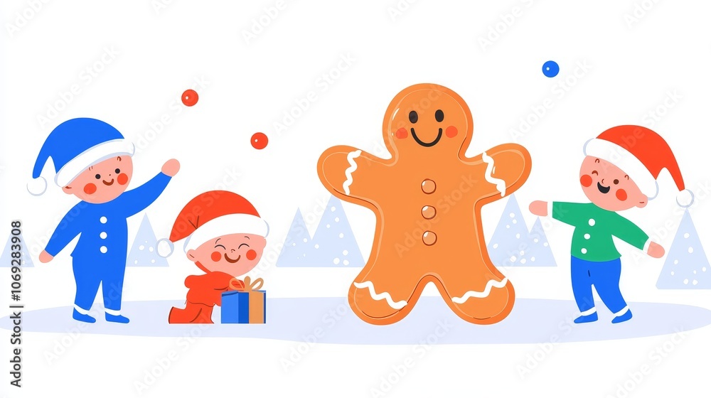 Kids and elf joyfully make silly faces at a cheerful gingerbread man during the holiday season Kids and elf joyfully make silly faces at a cheerful gingerbread man during the holiday season