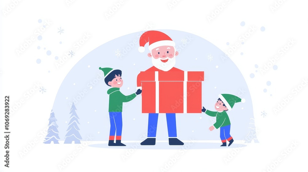 Children excitedly present a giant gift box to a friendly elf in a magical winter scene Children excitedly present a giant gift box to a friendly elf in a magical winter scene