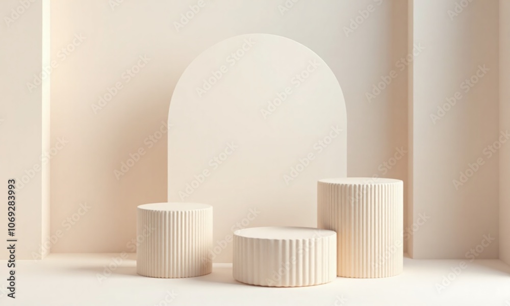 Minimalist empty product podium display Ribbed cylindrical pedestals Minimalist empty product podium display Ribbed cylindrical pedestals