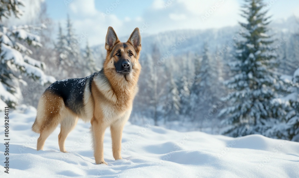 A German Shepherd standing in a snowy landscape with pine trees. A German Shepherd standing in a snowy landscape with pine trees.