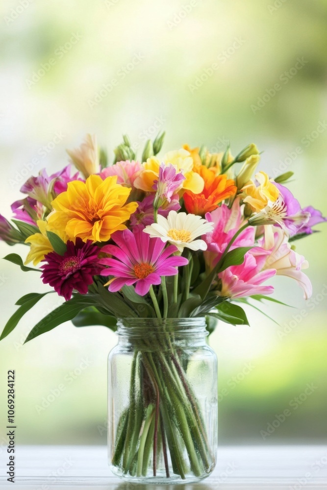 Fototapeta premium Vibrant bouquet of colorful flowers in a glass jar