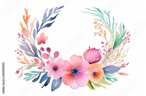 Watercolor flowers for postcard template, decorative wreath of leaves. Watercolour composition for wedding invitation in blue and pink colours. Space for text in the middle