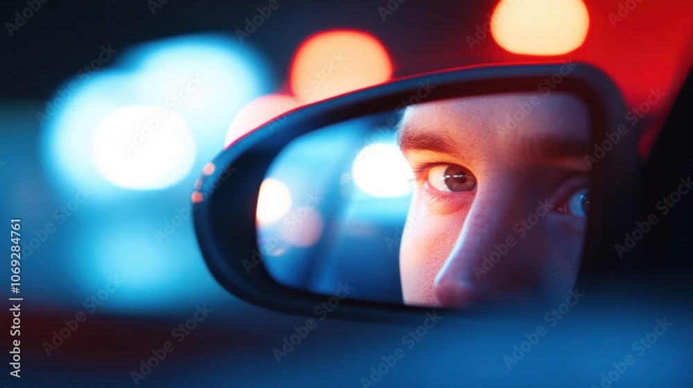 Close-up of a person's eye reflected in a car side mirror with blurred city lights in the background Close-up of a person's eye reflected in a car side mirror with blurred city lights in the background