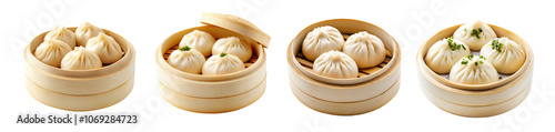 Japanese steamed bun bao set isolated Png, transparent without background.