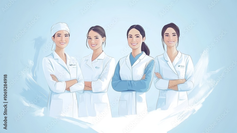 Group of female doctors in professional attire standing confidently with crossed arms against a soft blue background symbolizing empowerment teamwork and healthcare excellence Group of female doctors in professional attire standing confidently with crossed arms against a soft blue background symbolizing empowerment teamwork and healthcare excellence