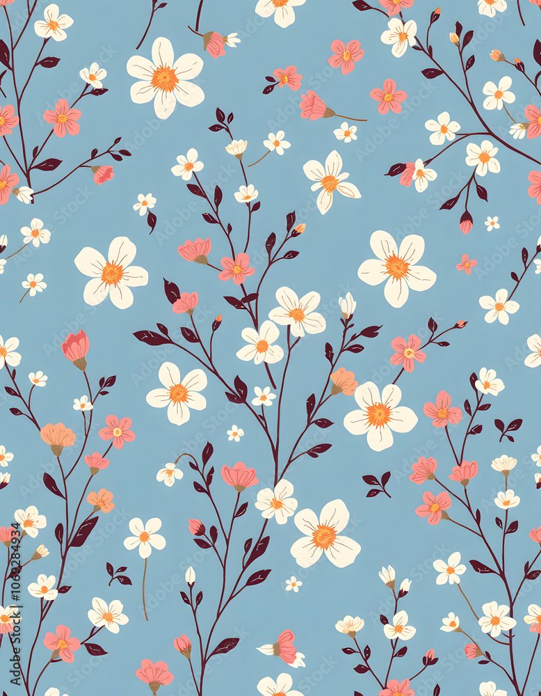 Seamless floral pattern, winter ditsy print with hand drawn artistic meadow. Abstract botanical arrangement with small wild flowers, leaves on a blue background. Vector illustration, flat papercut s