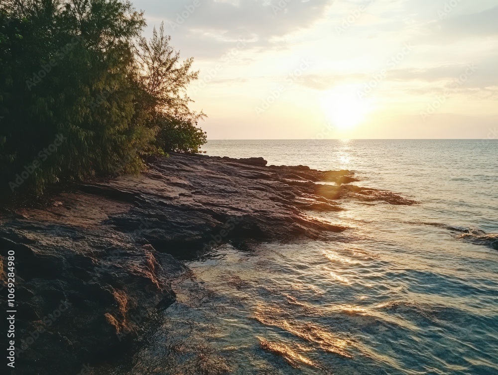 Obraz premium Golden hour light bathes rocky shoreline at sunset, creating a serene landscape.