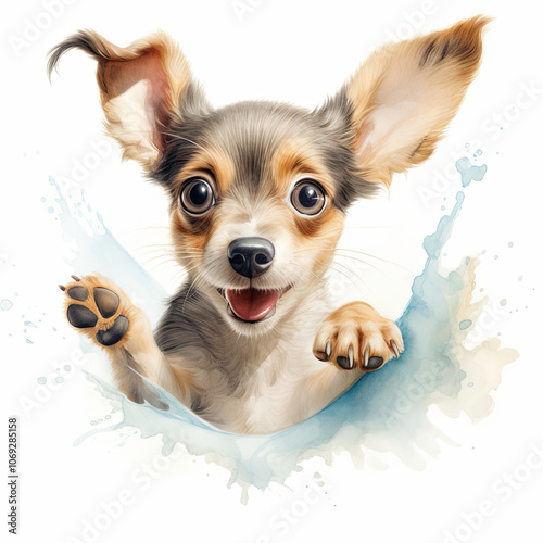 Charming watercolor illustration of a playful Chihuahua puppy with large expressive eyes and ears, captured in a lively splash of watercolor detail