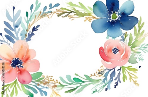 Watercolor flowers for postcard template, decorative wreath of leaves. Watercolour composition for wedding invitation. Space for text in the middle. Copyspace