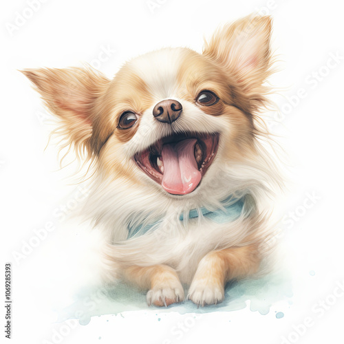 Joyful watercolor portrait of a cheerful Chihuahua, with a wide smile and fluffy ears, perfectly capturing its lively and spirited nature