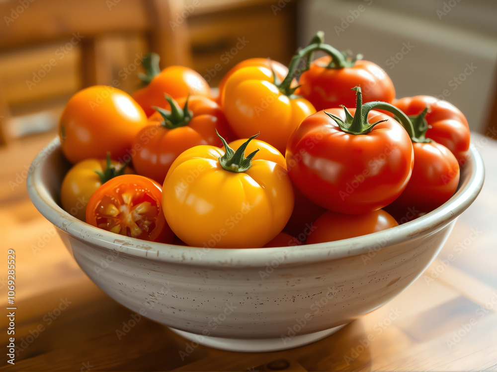 A vibrant bowl filled with fresh tomatoes in a cozy kitchen setting, captured during bright daylight A vibrant bowl filled with fresh tomatoes in a cozy kitchen setting, captured during bright daylight