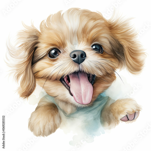 Charming watercolor illustration of a happy small dog with big eyes and a joyful expression, exuding warmth and friendliness in every brushstroke