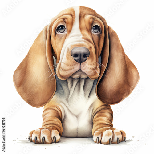 Adorable watercolor illustration of a basset hound puppy with long floppy ears and a soulful expression, capturing the lovable and gentle nature of this iconic dog breed