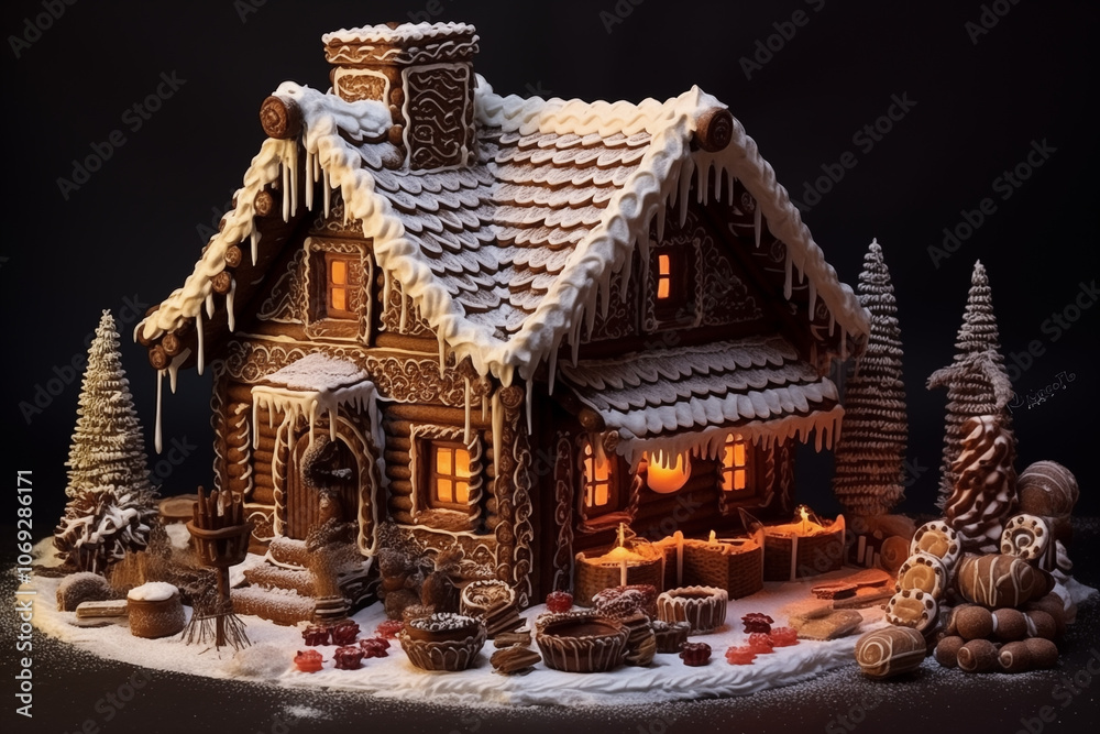 Fototapeta premium A beautifully crafted gingerbread house surrounded by snow, decorated with candies and lights, creating a magical and festive atmosphere.